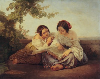 風景を背景に2人の読書女の子 作： Alfred von Schüssler
